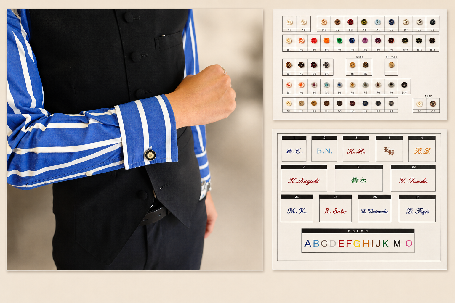 ダブルカフス、ボタンサンプル、刺繍ネームサンプルを並べたシャツオプションサービスのイメージ