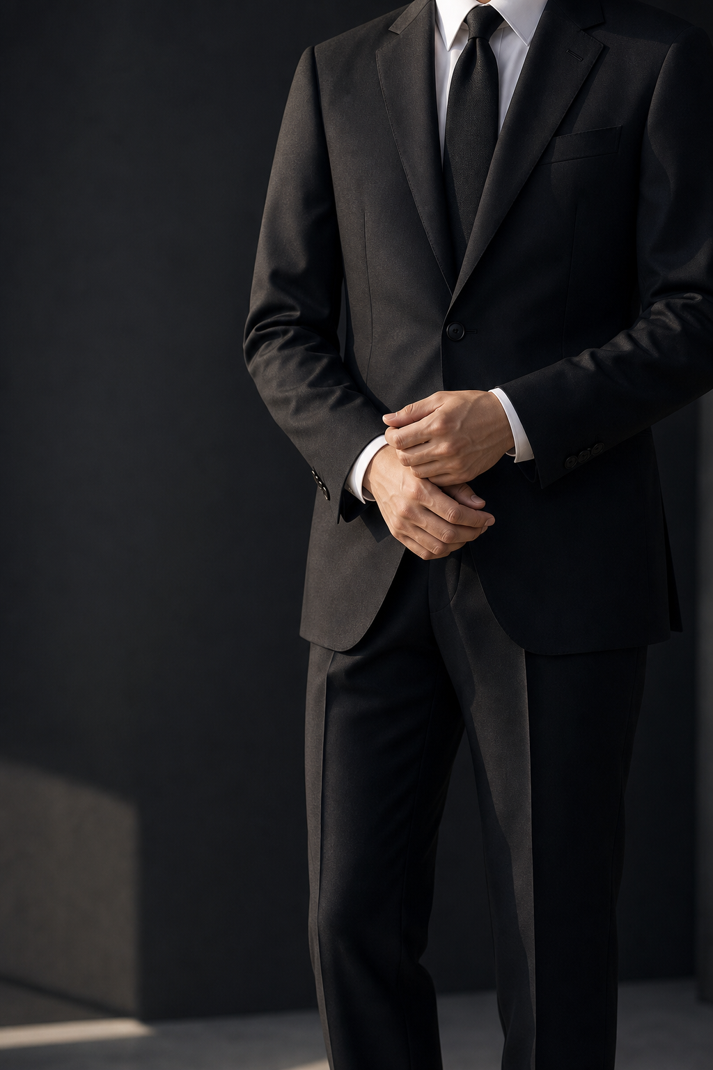 深い黒のサマーフォーマルを着用した男性