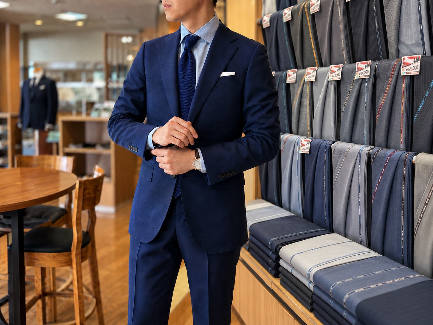 店舗でスーツ生地を確認しながら仕立てを相談するイメージ
